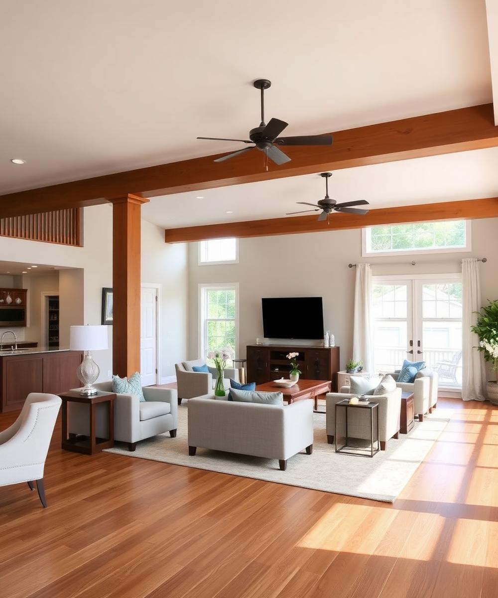 Open-concept living room remodel with exposed beams by Ponist Custom Construction in Wilmington, NC
